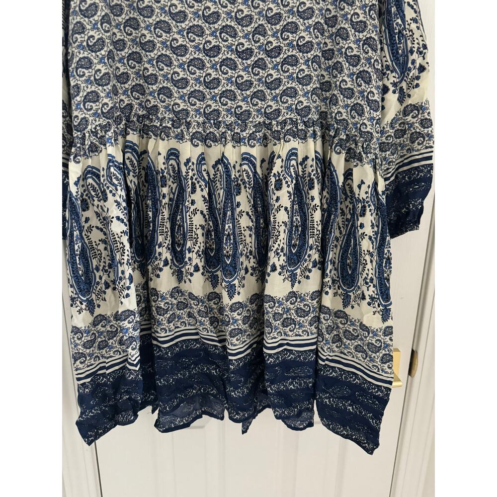 EN CREME Blue White Paisley Embroidered Boho Tunic Mini Dress Tassel Women's 1X - Picture 7 of 12